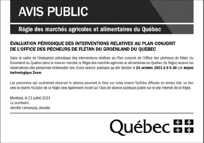 Avis public - Régie des marchés agricoles et alimentaires du Québec  Exemplaire
