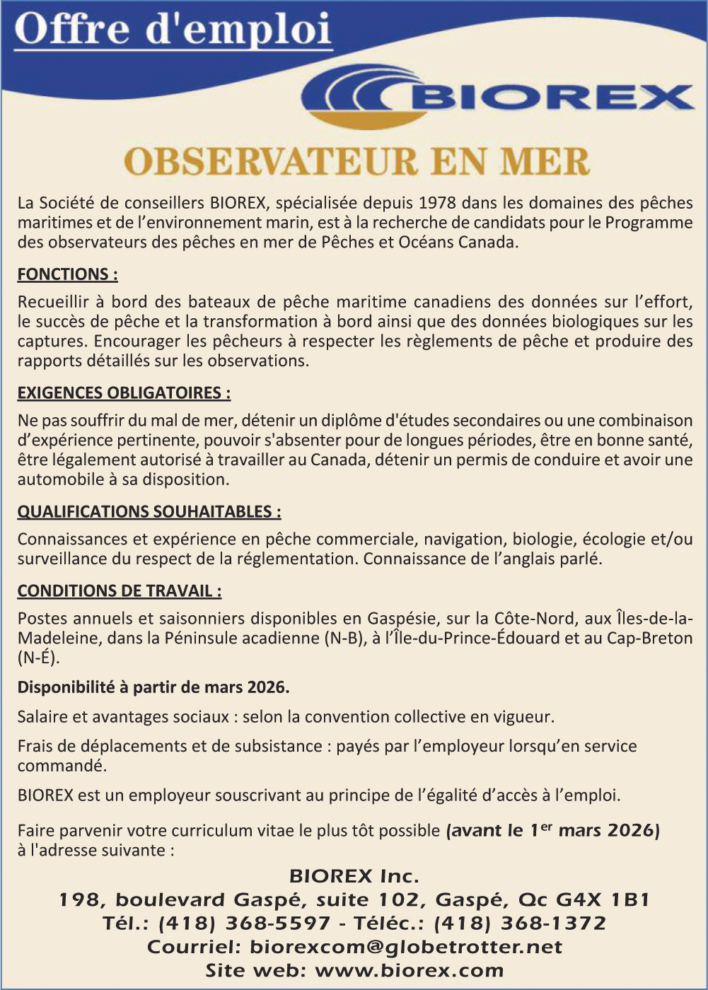 Biorex - Offre d'emploi - OBSERVATEUR EN MER