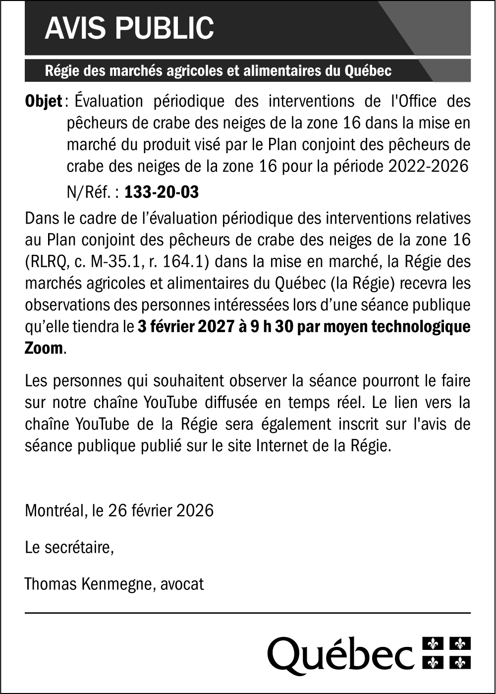 Avis public - Régie des marchés agricoles et alimentaires du Québec